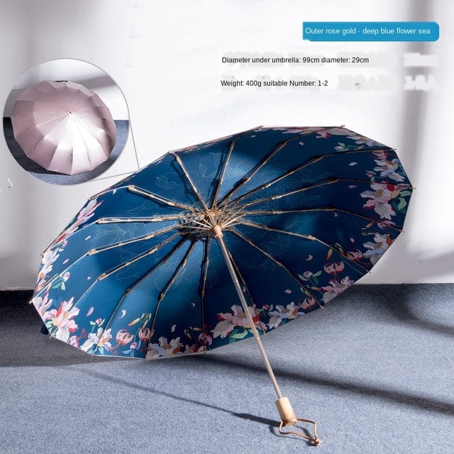 Revolight Apparel & Accessories 02 - Inner Deep Blue Outer Rose Gold Fashionable Folding Womens Flower Umbrella Wooden Handle