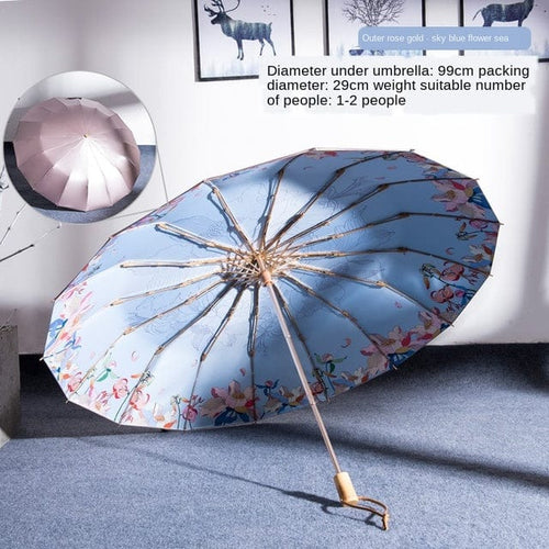 Load image into Gallery viewer, Revolight Apparel &amp; Accessories 04 - Inner Sky Blue Outer Rose Gold Fashionable Folding Womens Flower Umbrella Wooden Handle
