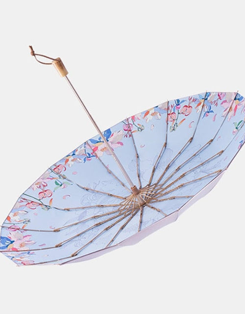 Load image into Gallery viewer, Revolight Apparel &amp; Accessories Blue inside pattern Fashionable Folding Womens Flower Umbrella Wooden Handle
