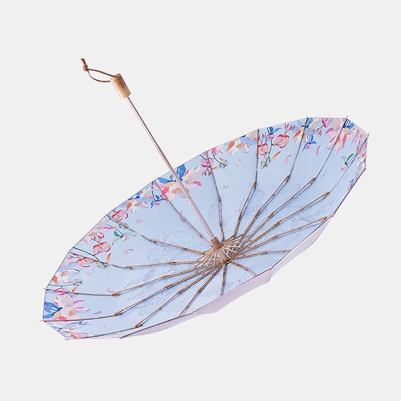 Revolight Apparel & Accessories Blue inside pattern Fashionable Folding Womens Flower Umbrella Wooden Handle