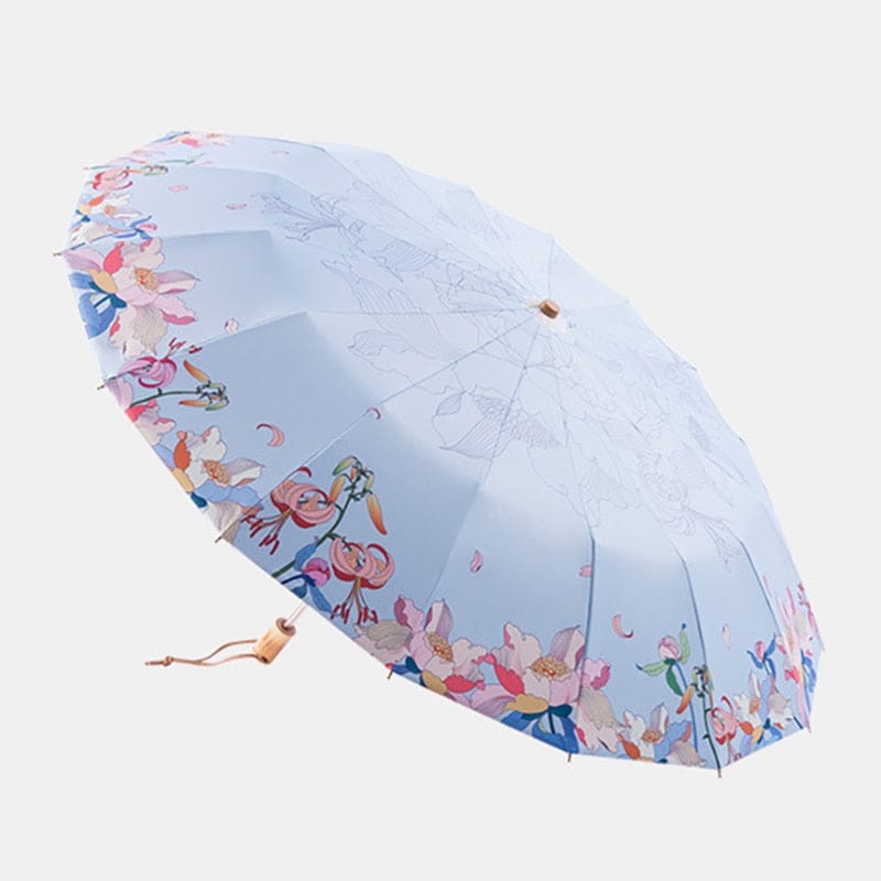 Revolight Apparel & Accessories Blue outside pattern Fashionable Folding Womens Flower Umbrella Wooden Handle