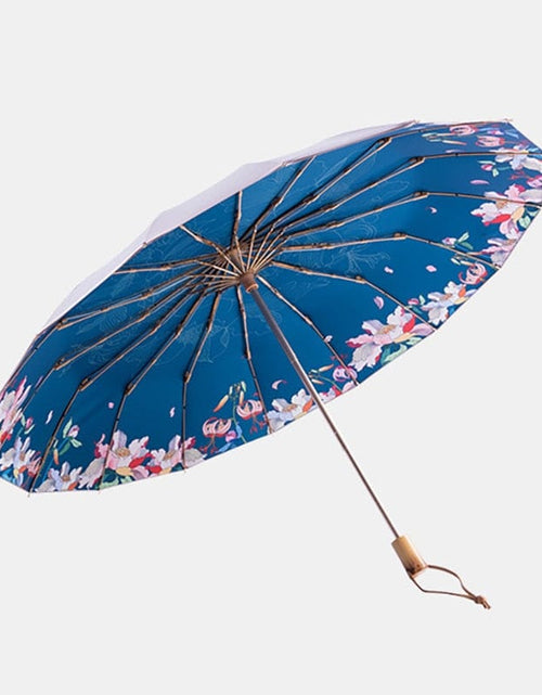 Load image into Gallery viewer, Revolight Apparel &amp; Accessories Navy inside pattern Fashionable Folding Womens Flower Umbrella Wooden Handle
